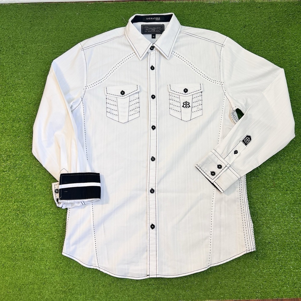Vintage Roar Button Down Med Y2K Signature Edition Rockabilly Bright White Shirt